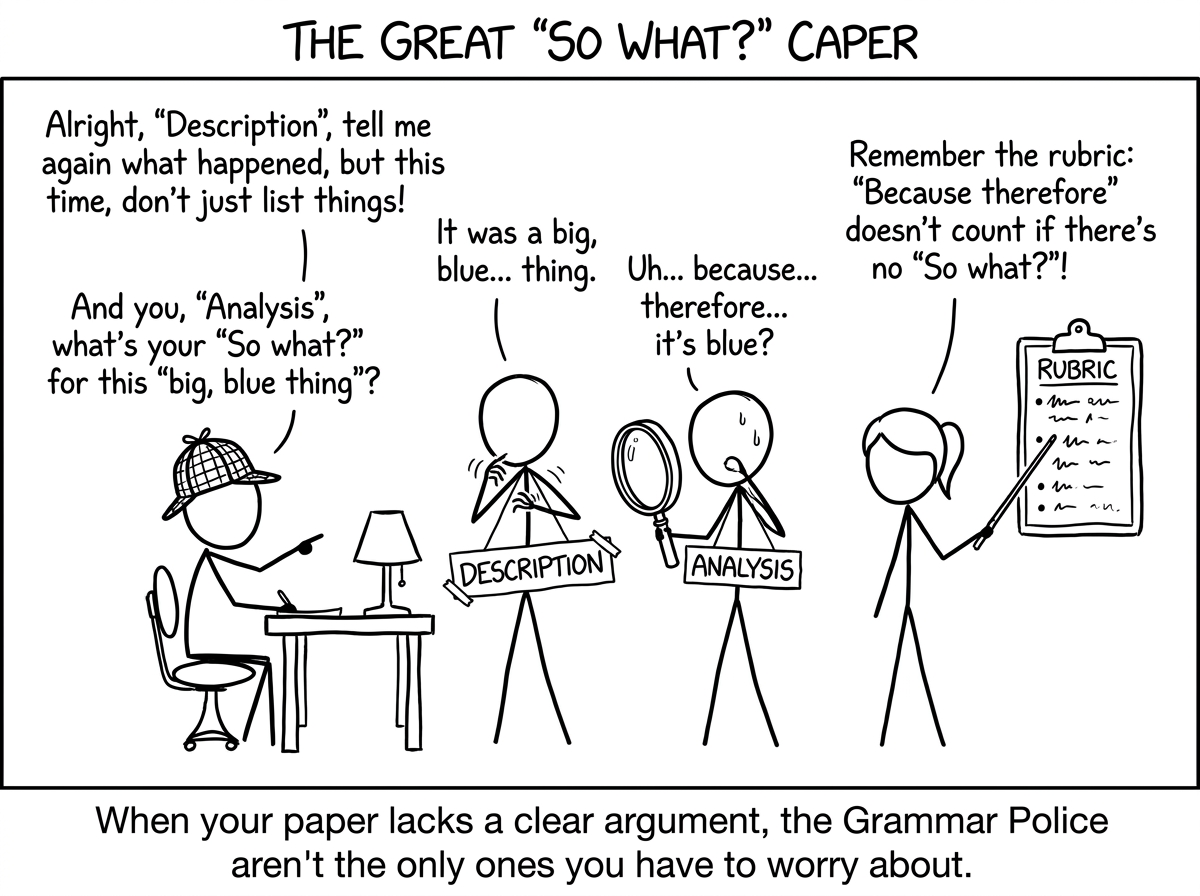 Detective interrogating Description vs Analysis