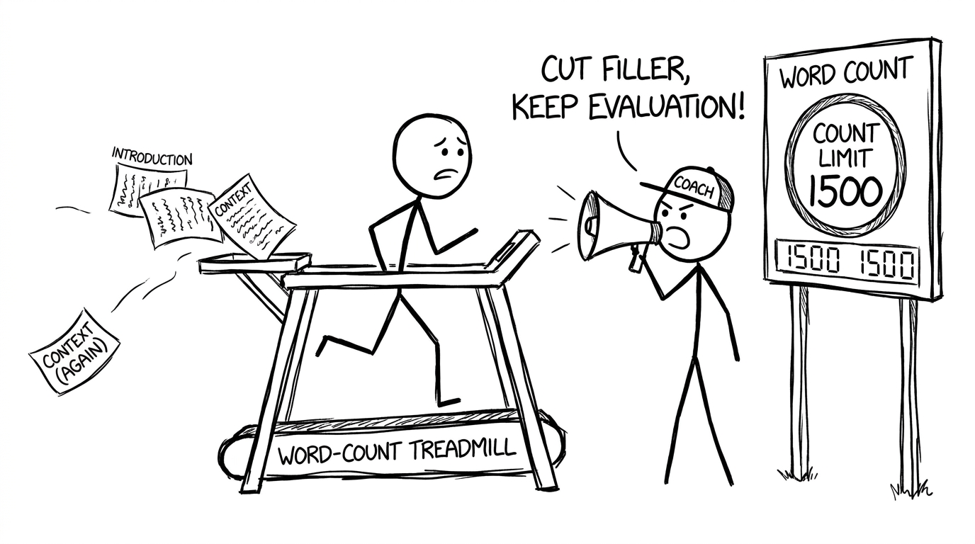 Word-count treadmill with flying “Context” pages