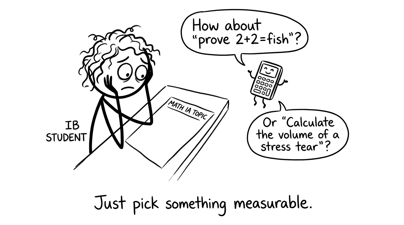 A student choosing a Math IA topic while a calculator suggests nonsense