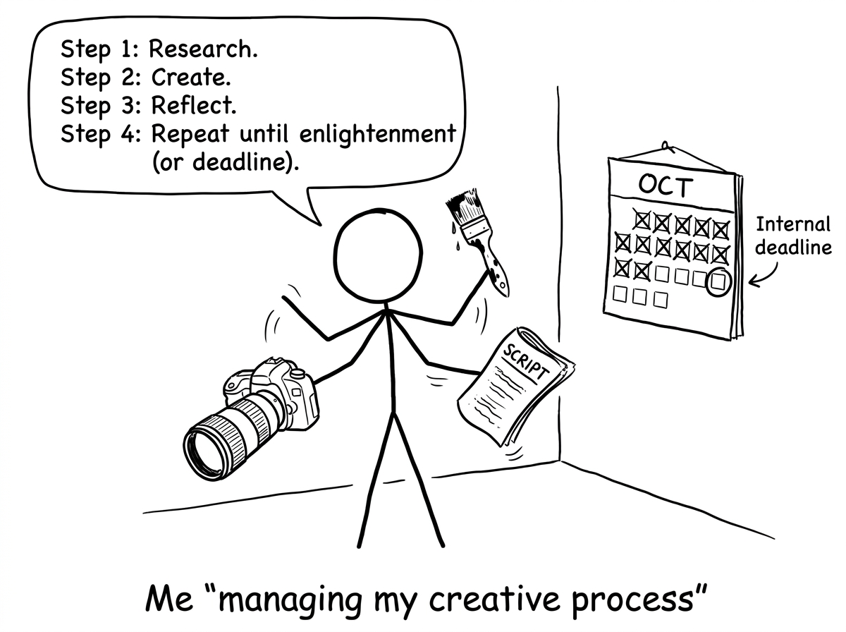 Stick figure managing creative process until deadline