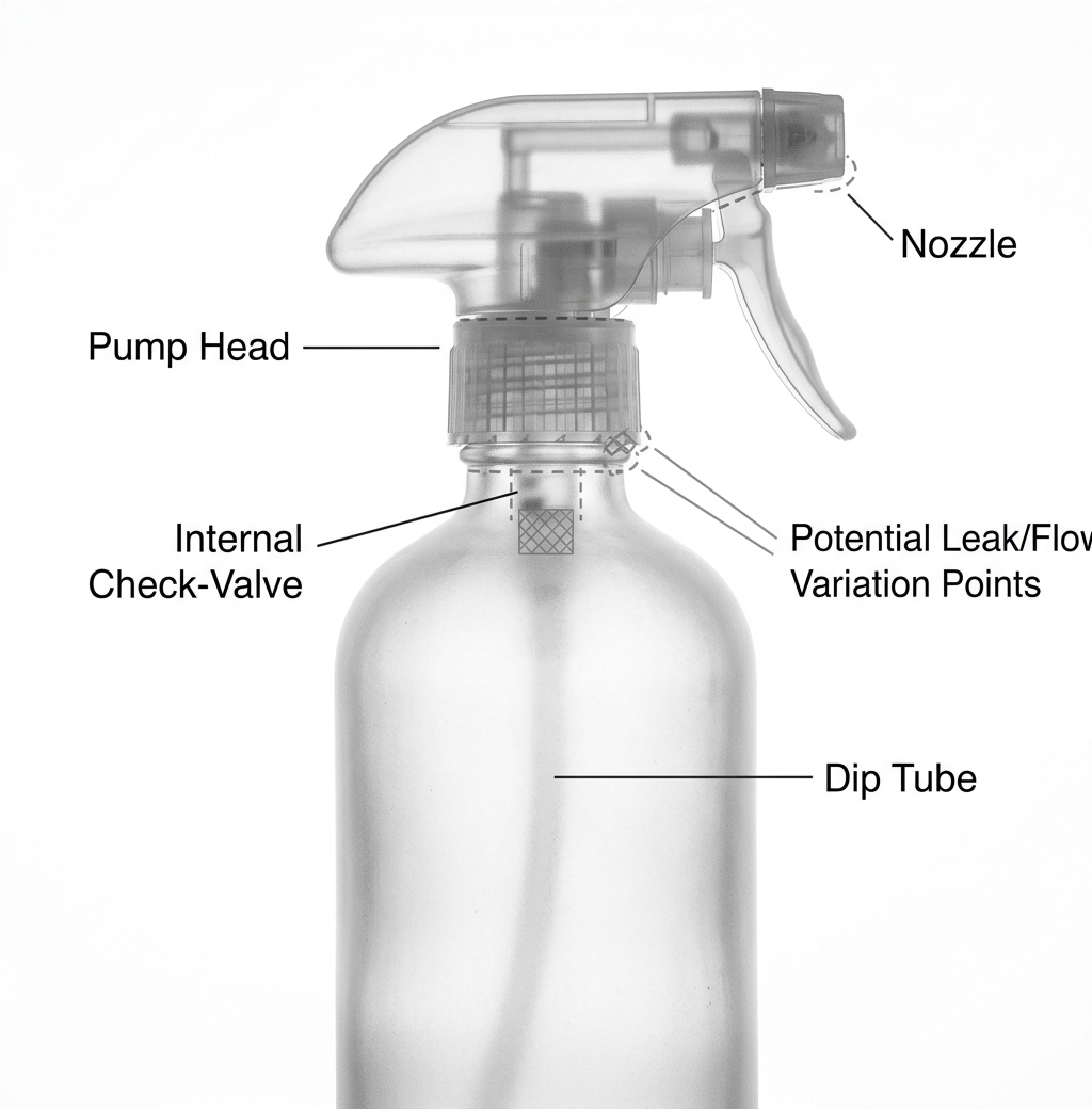 A diagram-style photo of a refillable trigger-spray bottle with the pump head, dip tube, nozzle, and a small internal check-valve highlighted, suggesting where leaks or flow variation could occur.