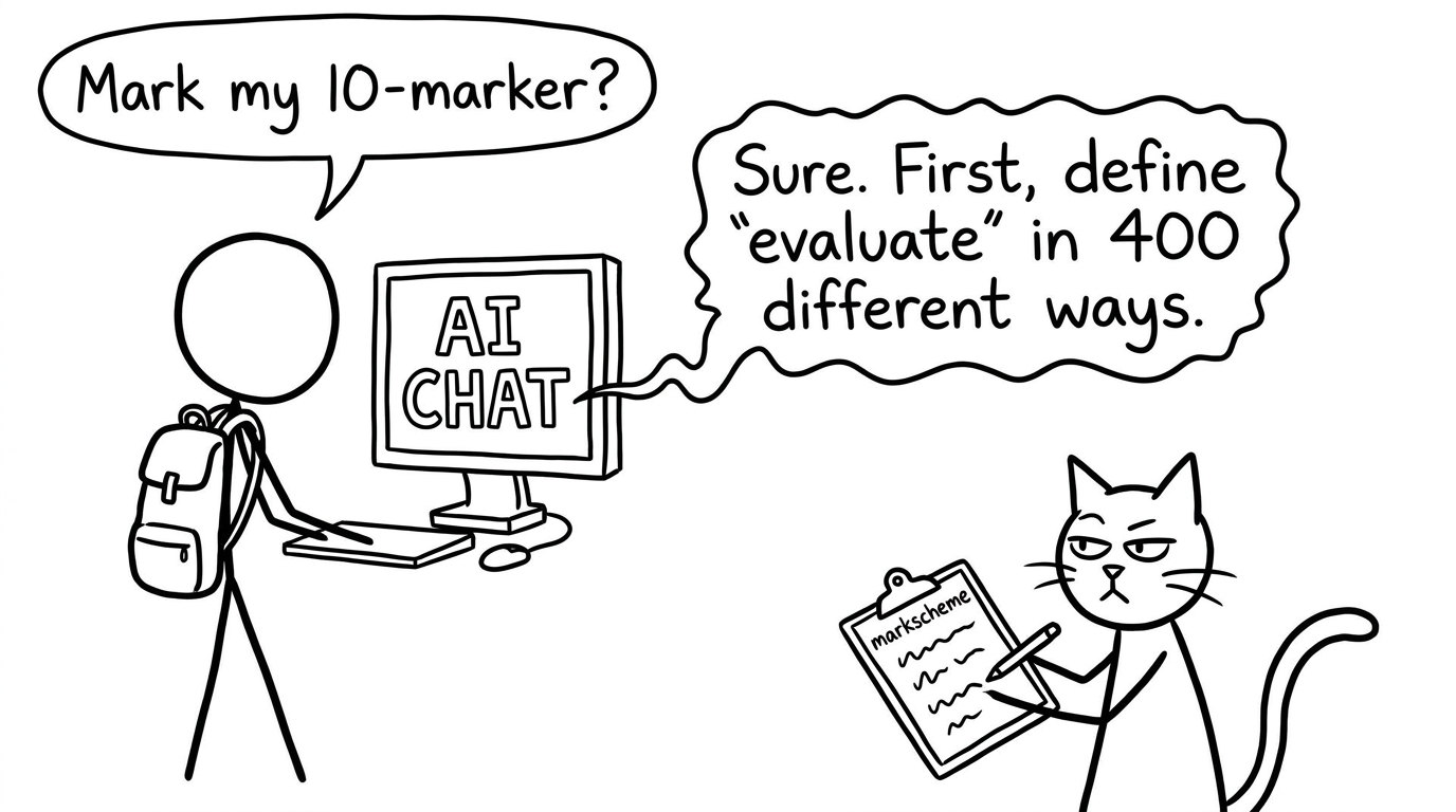 AI Chat and a cat holding a rubric judging an essay