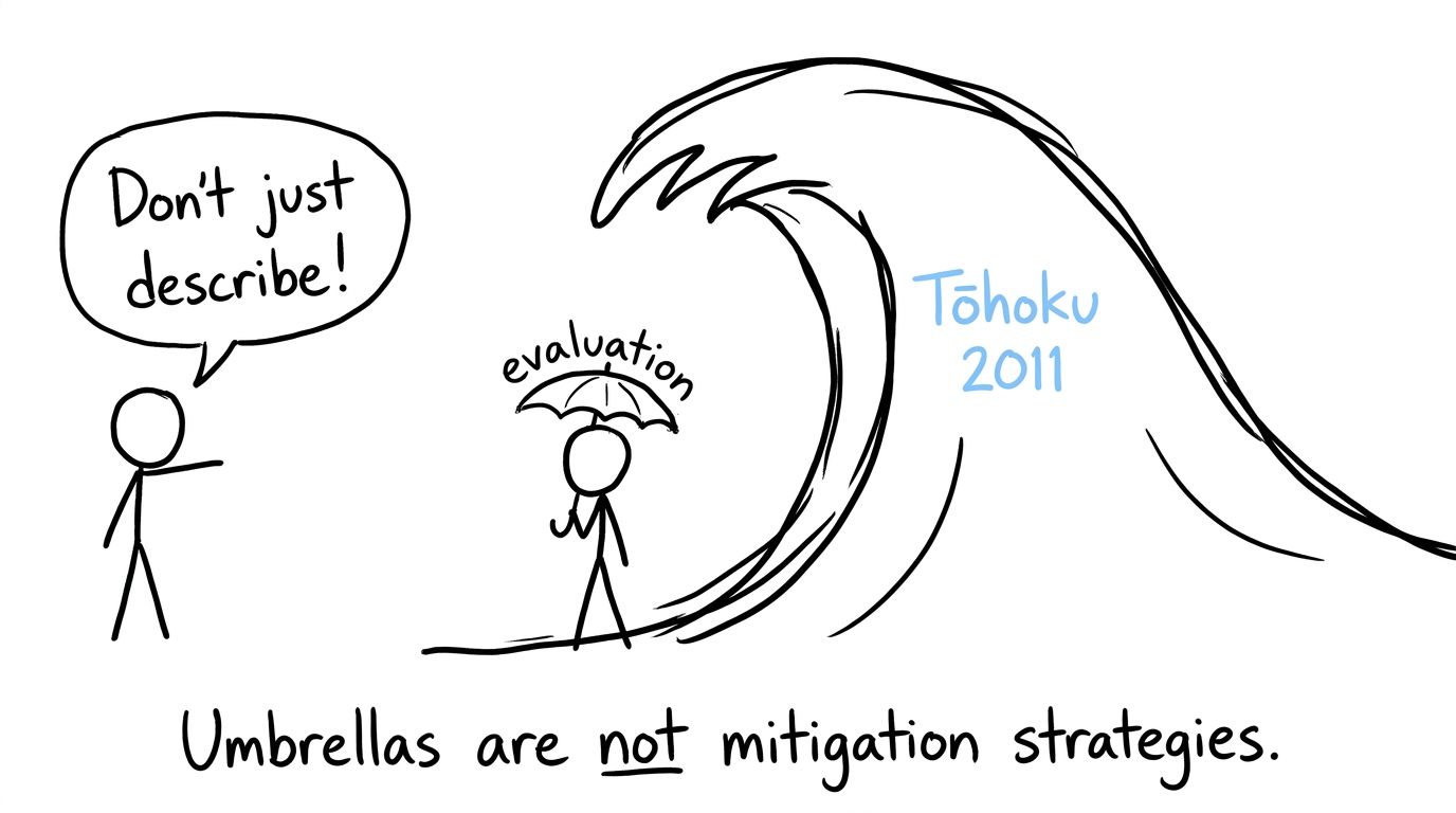 Tiny umbrella labeled evaluation faces a giant wave