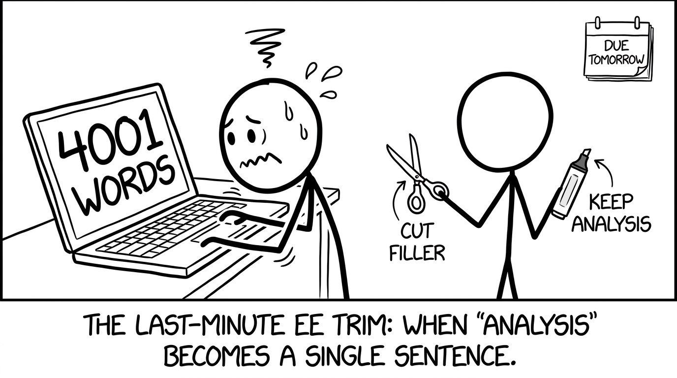 A student stares at 4,001 words and reaches for “Cut filler” scissors