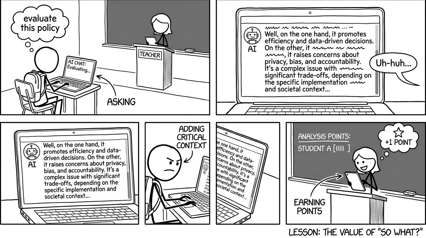 A student uses AI to draft an evaluation, then adds “so what?” and earns analysis marks