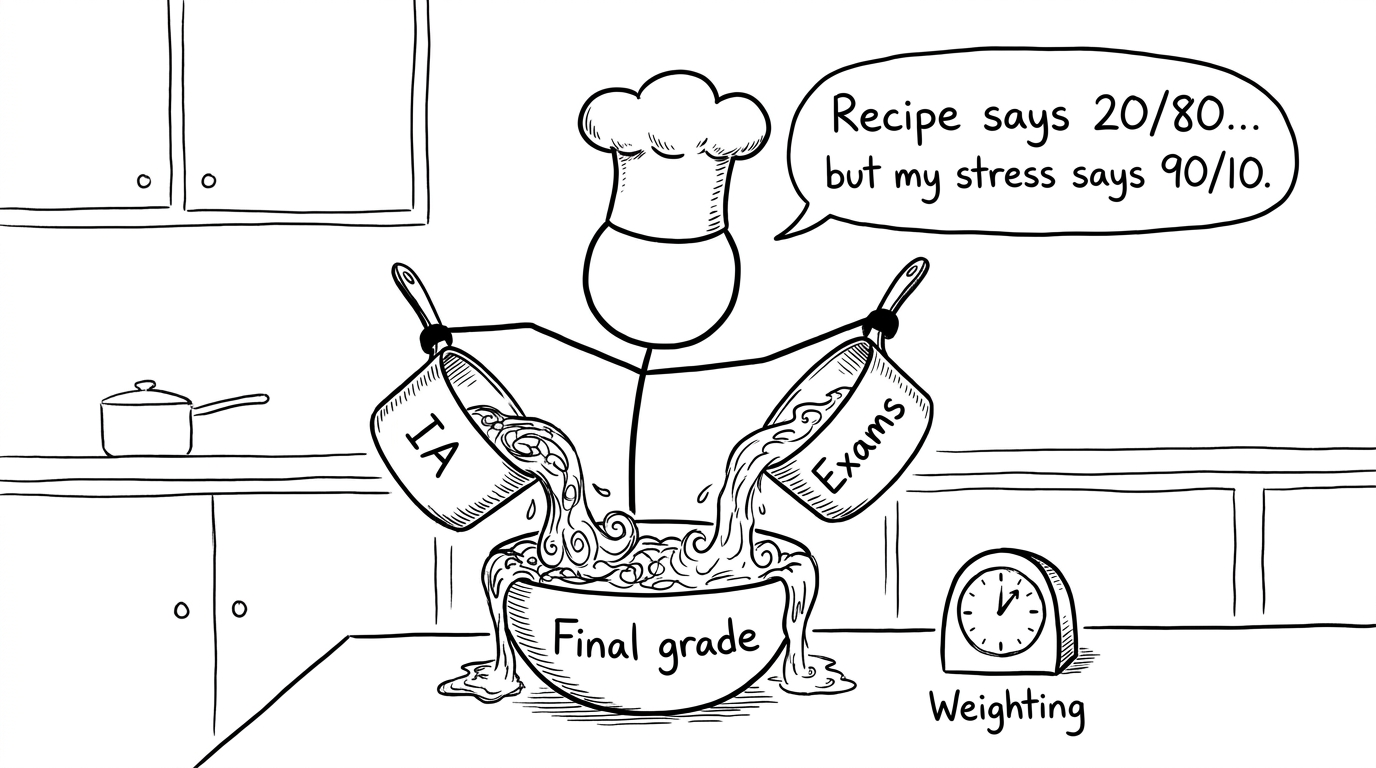 Stick figure chef mixing IA and Exams into Final grade