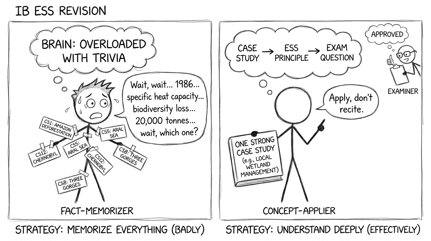 Two students: one covered in case study sticky notes, one calmly applying one case study well