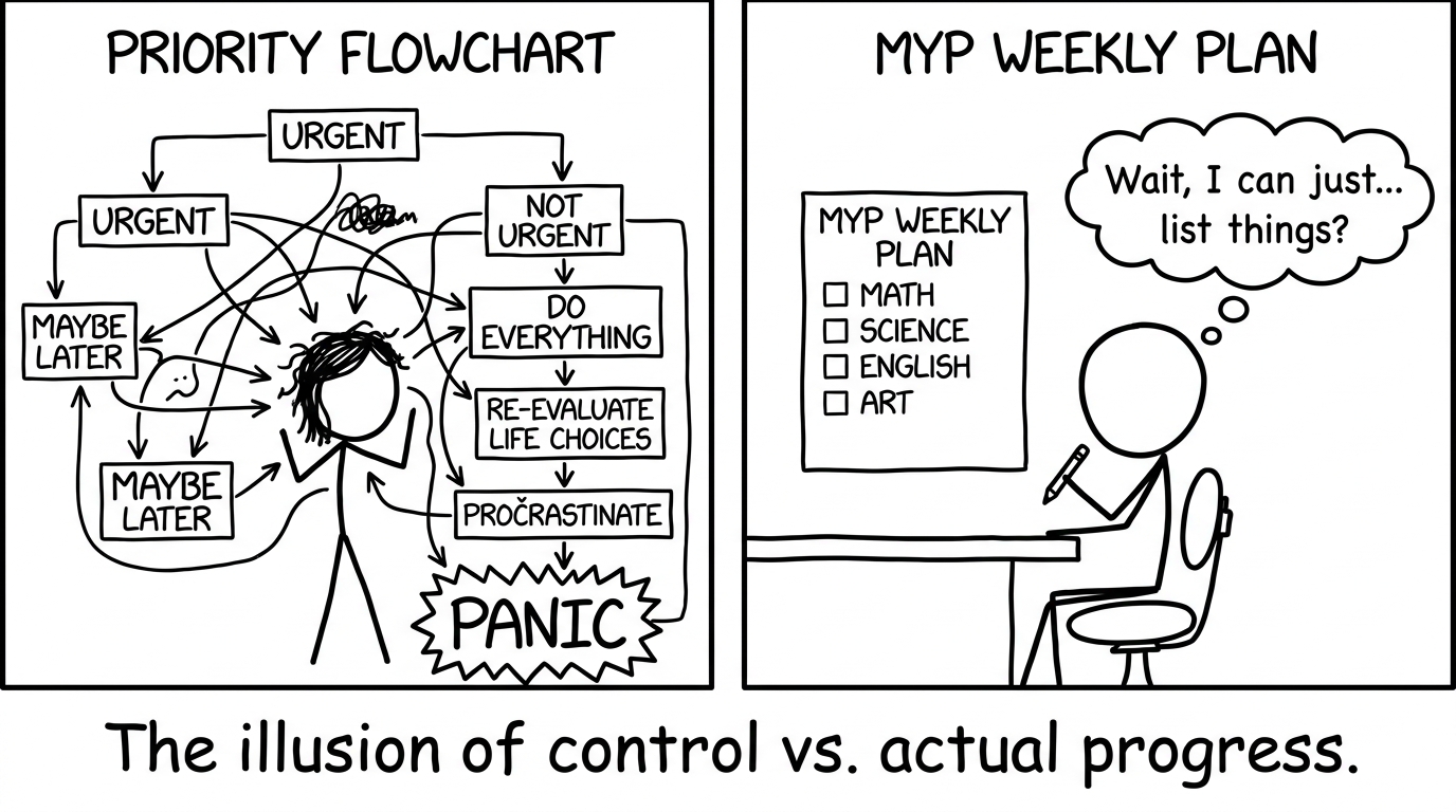 Overcomplicated flowchart vs simple weekly plan