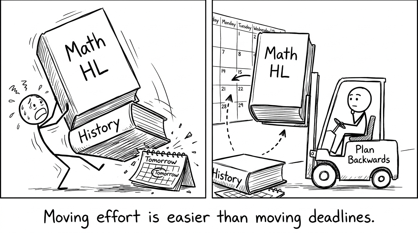 Books topple onto a calendar while a forklift labeled Plan Backwards saves the day