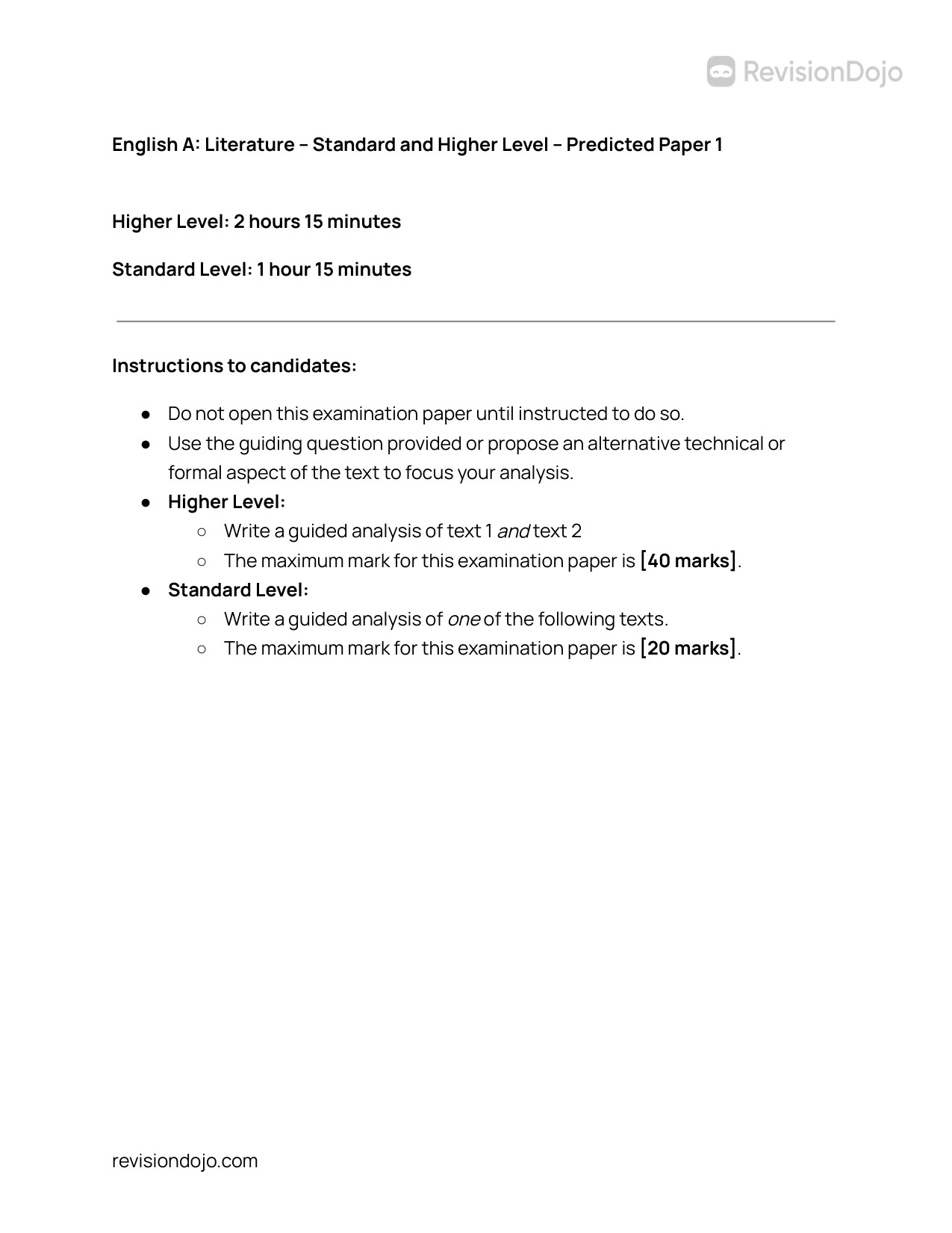 English A Lit SL & HL Paper 1 | RevisionDojo